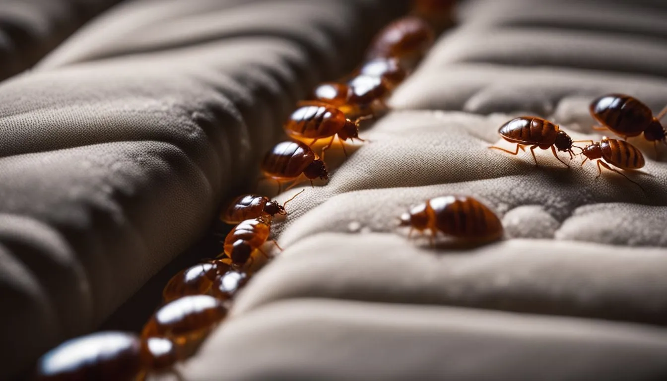 Bed bugs crawling along mattress seam