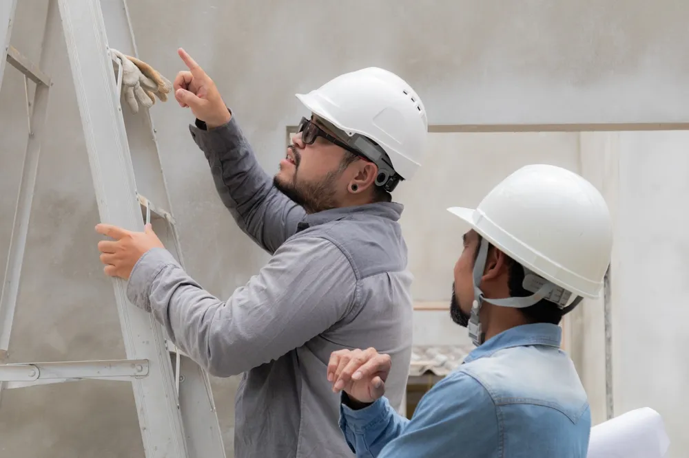 Construction workers inspecting wall on ladder