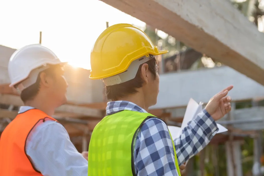 Two professional building inspectors talking while pointing up