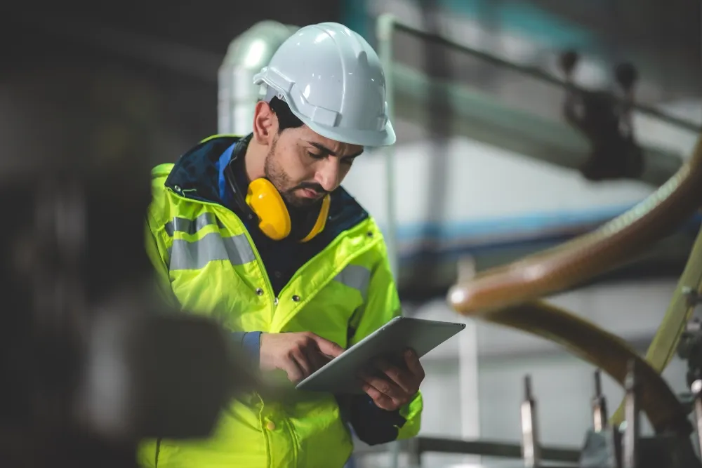 Building Inspector wearing his safety hat and protective headphones while using a tablet