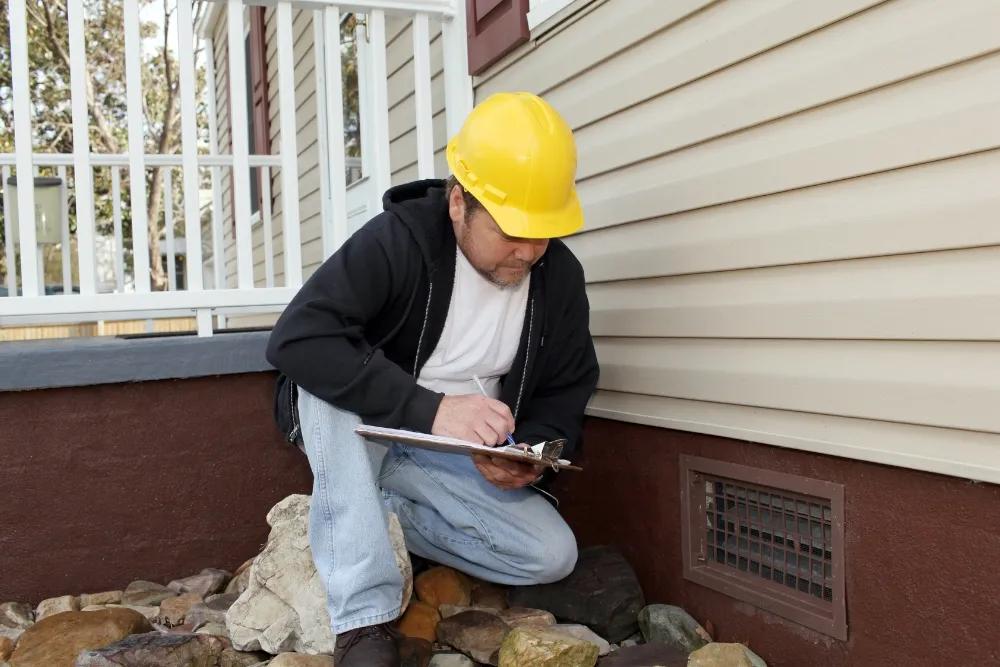 Inspector checking house subfloor vent with clipboard