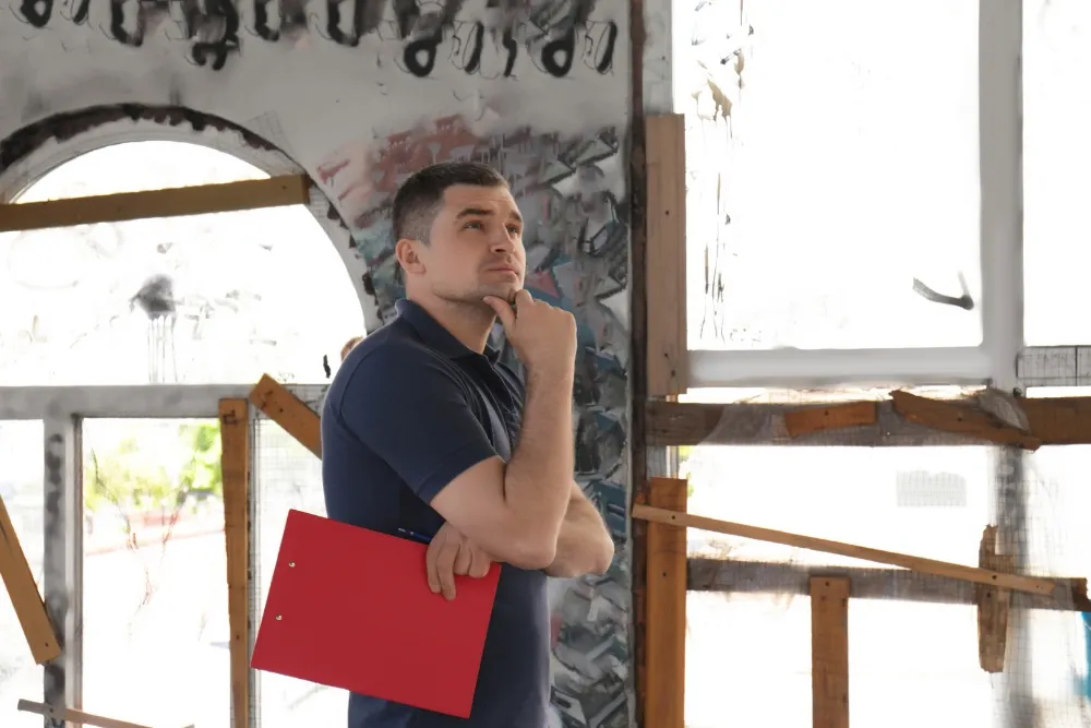 Building inspector holding a red folder while inspecting the place