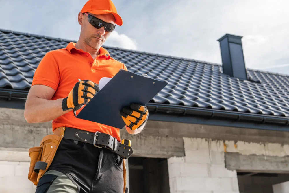 Construction worker inspecting roof with clipboard on site
