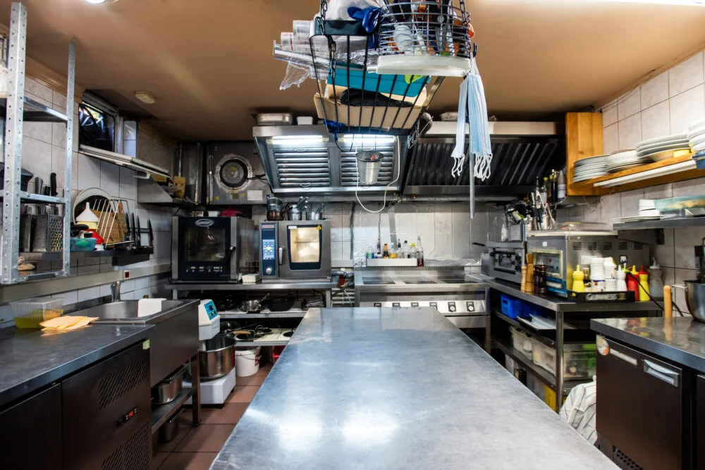 Commercial stainless steel restaurant kitchen interior