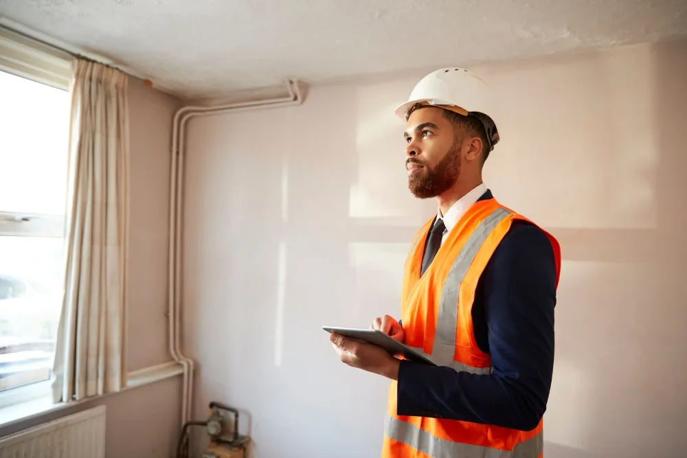 Professional building inspector holding a checklist while inspecting the building