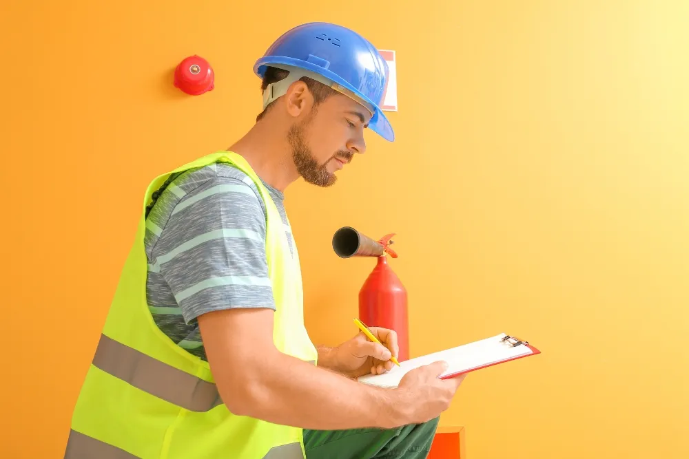 Building inspector writing on his checklist with fire extinguisher and fire alarm bell behind