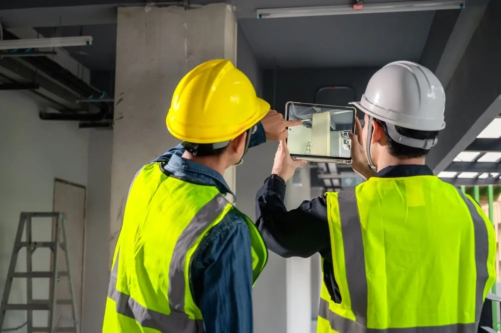 Construction workers using tablet on building site
