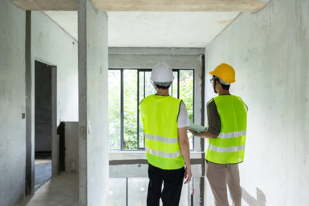 Two construction workers inspecting unfinished building interior