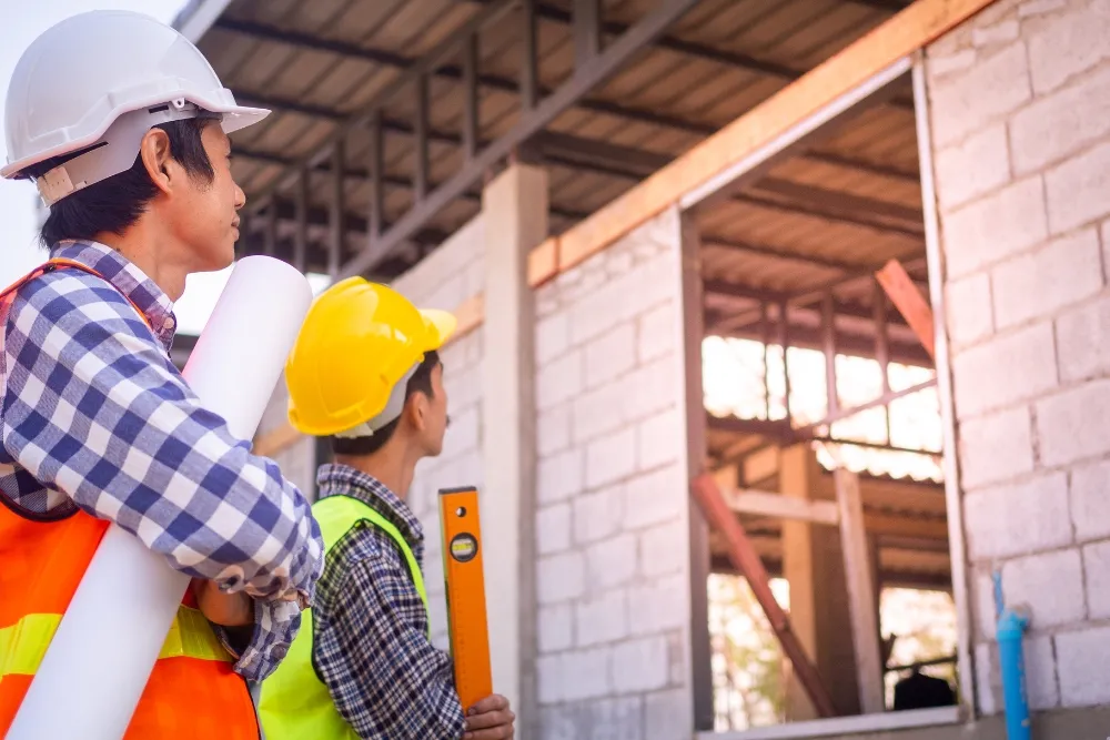 Construction workers reviewing plans at building site