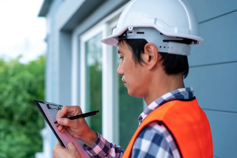 Construction worker inspecting house exterior with clipboard