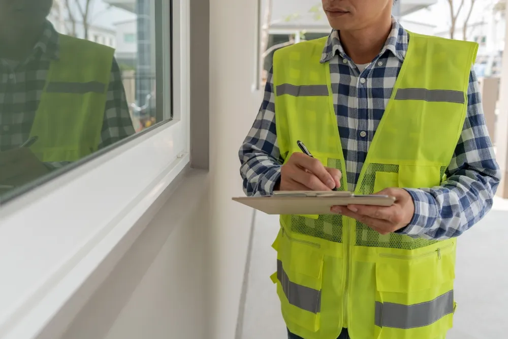 Construction worker in hi-vis vest writing on clipboard