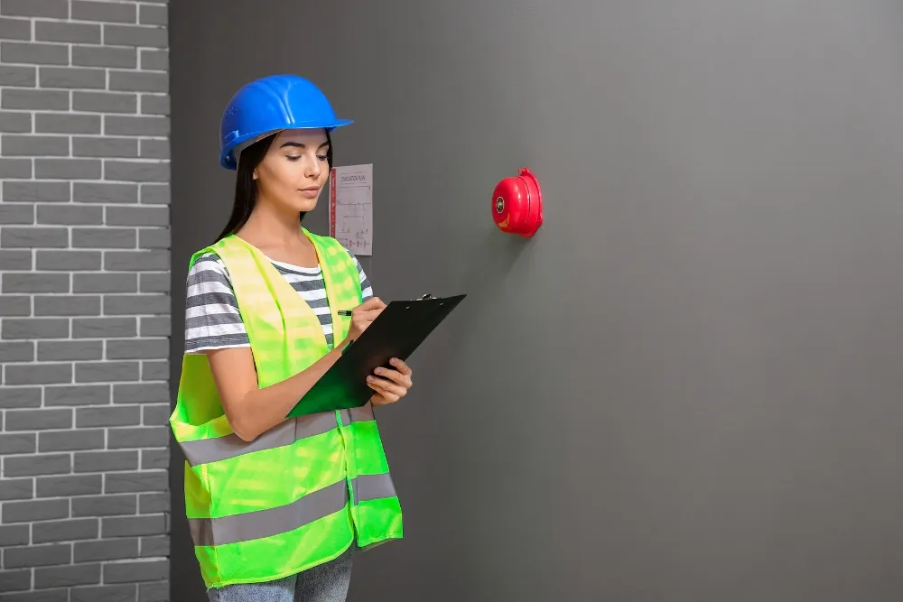 Professional building inspector inspecting the room and writing on the checklist