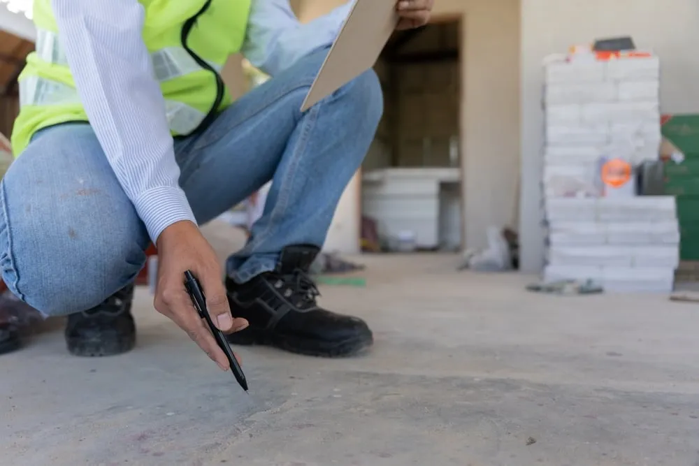 Construction worker inspecting concrete floor with clipboard