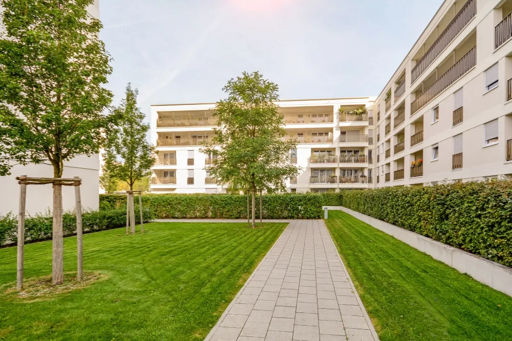 Lawn with trees and bushes and a building behind