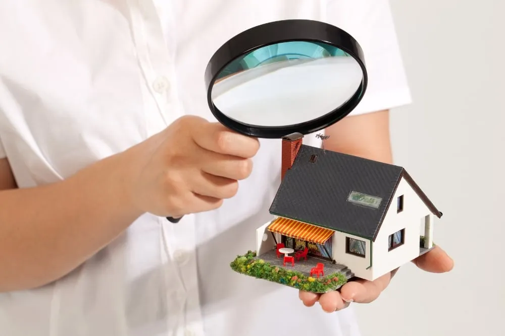 Person inspecting miniature house with magnifying glass