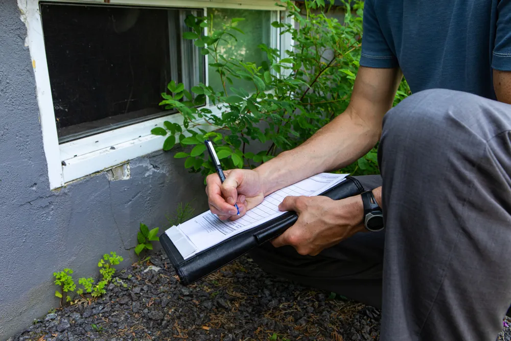 Inspector writing notes beside house foundation window