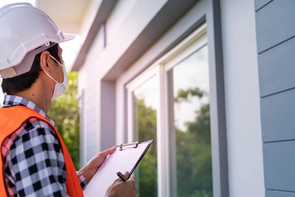 Construction inspector checking house exterior window with clipboard